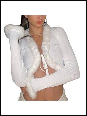 Women's Long Sleeve Tie-Up Cardigan Crop Sweater Faux Fur Trim Knitted V-Neck